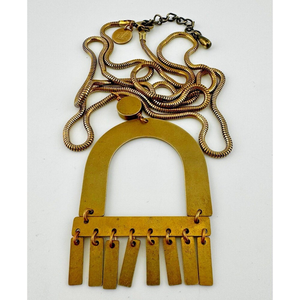 Larissa Loden Brass Statement Necklace Geometric Arch Fringe Pendant Boho
